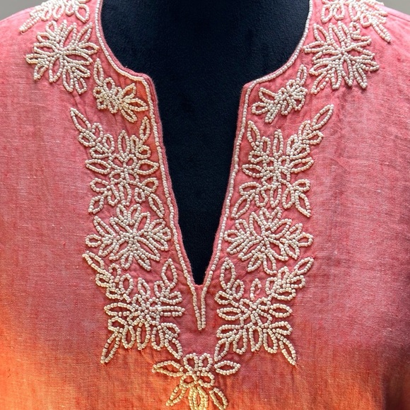 Lands’ End S Coral Linen Tunic Top Boho Embroidered Henley - Picture 7 of 10